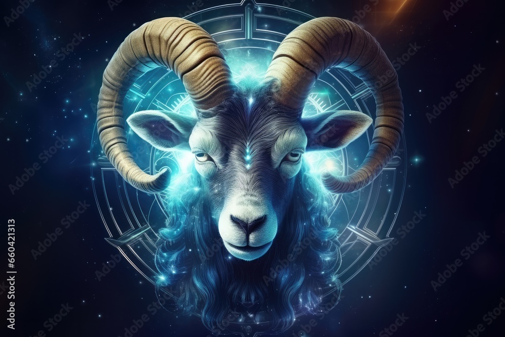 Zodiac sign of capricorn head with magic light in star wheel , horoscope. Generative Ai.