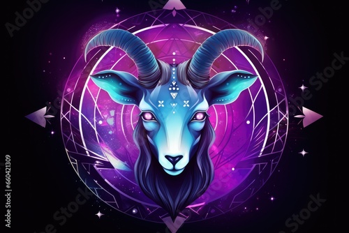 Zodiac sign of capricorn head with magic light in star wheel , horoscope. Generative Ai. © annamaria