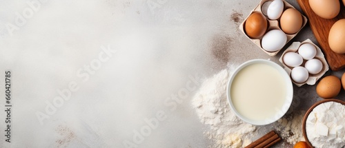 A top-view flat lay presenting essential baking ingredients - flour, eggs, and sugar - neatly arranged on a kitchen counter, with ample empty space for text or additional design elements.

 photo