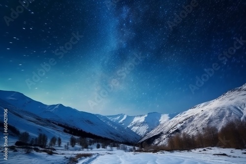 Scenic winter landscape with stunning mountain, starry sky, astronomical wonders. Generative AI © Yara