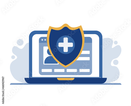 Shield, patient data protection, personal information, health insurance. Vector illustration for web design and apps. 