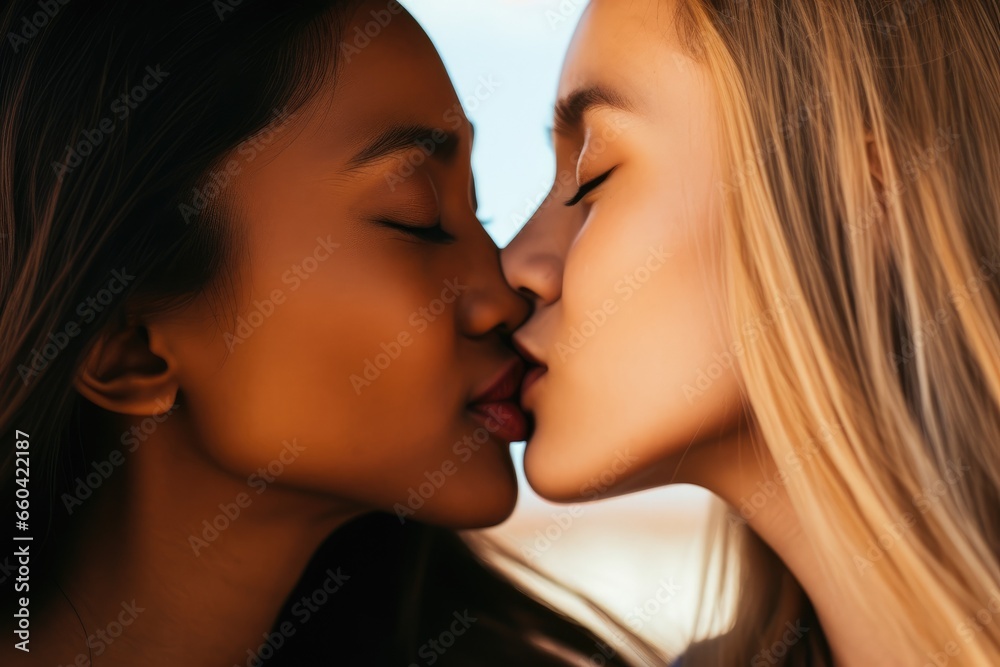 Two pretty sexy girls kissing with eyes closed. Happy gay multiethnic couple feeling love. Multi ethnic lesbian women dreaming and kissing. Freedom and pride lgbt people concept Two pretty sexy girls kissing with eyes closed. Happy gay multiethnic couple feeling love. Multi ethnic lesbian women dreaming and kissing. Freedom and pride lgbt people concept