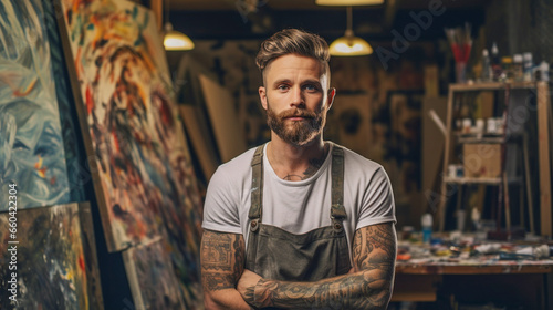 Male artist posing near picture indoor the studio