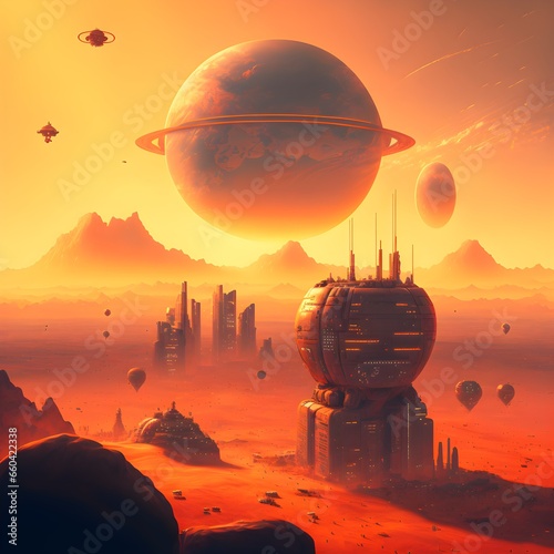rugged sci fi metropolis seen from overhead at sunset in a vast red plateau with aircars and light rail systems swarming around it weather balloons floating overhead futuristic gritty chaotic 