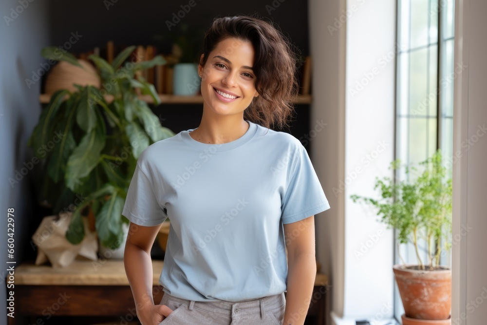A woman standing in a room with a potted plant A woman standing in a room with a potted plant
