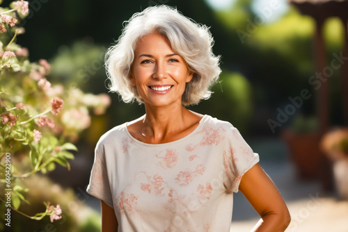Woman with white hair smiling at the camera.
