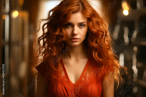Woman with red hair is posing for picture. © valentyn640