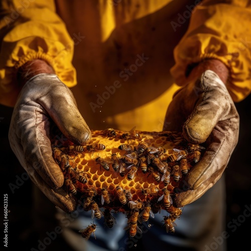 Beekepers hands holding the honey frame close up in nature. Generative Ai.