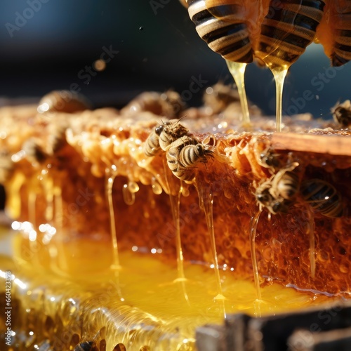 Closeup of honey flowing off harvesting beekeper equipment. Generative Ai. photo