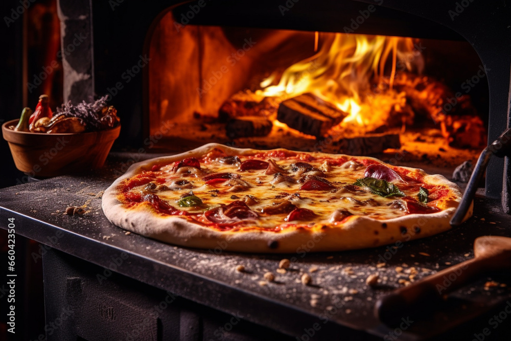 Indulge in the savory delight of a freshly baked pizza, hot and tempting, straight from the fiery embrace of the oven. Ai generated Indulge in the savory delight of a freshly baked pizza, hot and tempting, straight from the fiery embrace of the oven. Ai generated