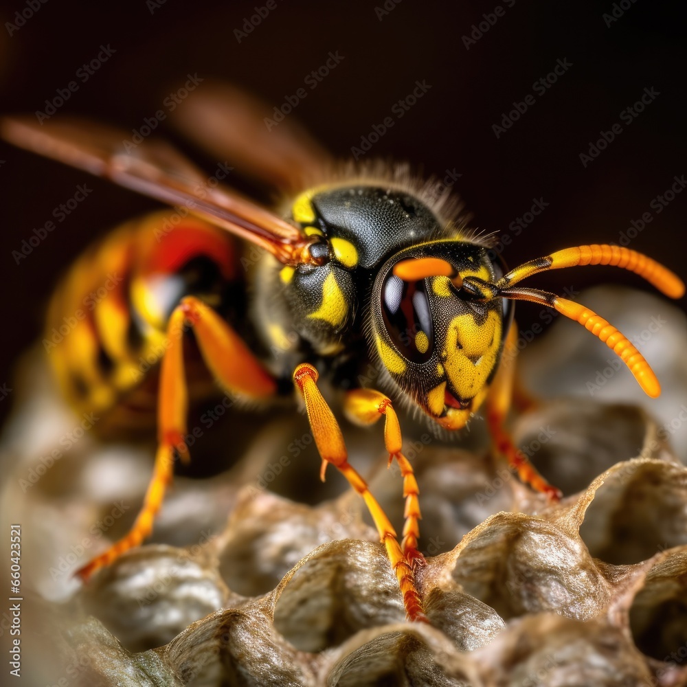 A hornet's nest or wasp nest on the tree close up with bees. Generative Ai. A hornet's nest or wasp nest on the tree close up with bees. Generative Ai.