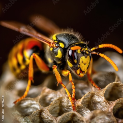 A hornet's nest or wasp nest on the tree close up with bees. Generative Ai.
