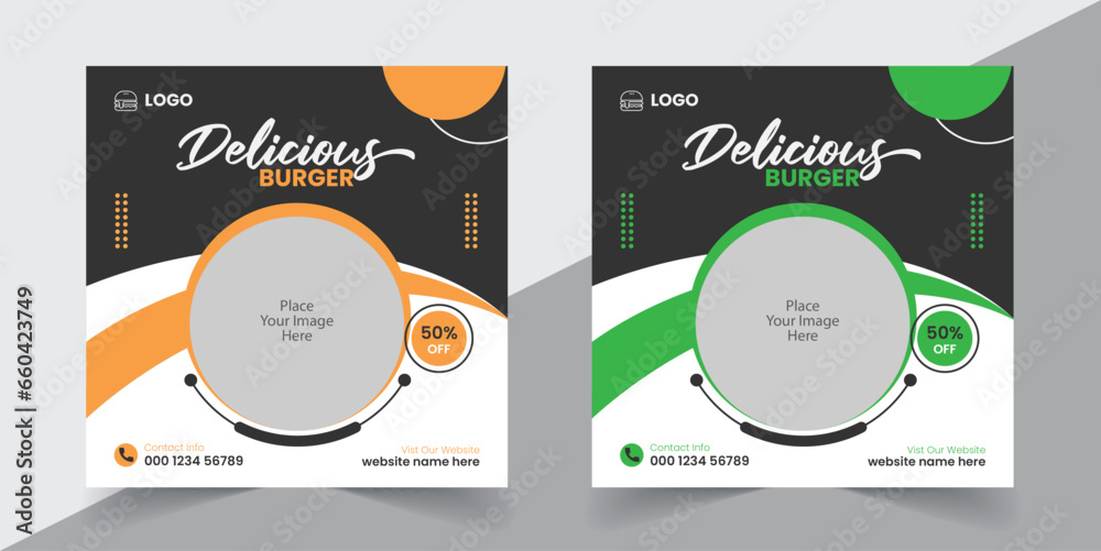 Delicious Burger or Delicious Food Menu Social Media Post Web Banner Template Design
