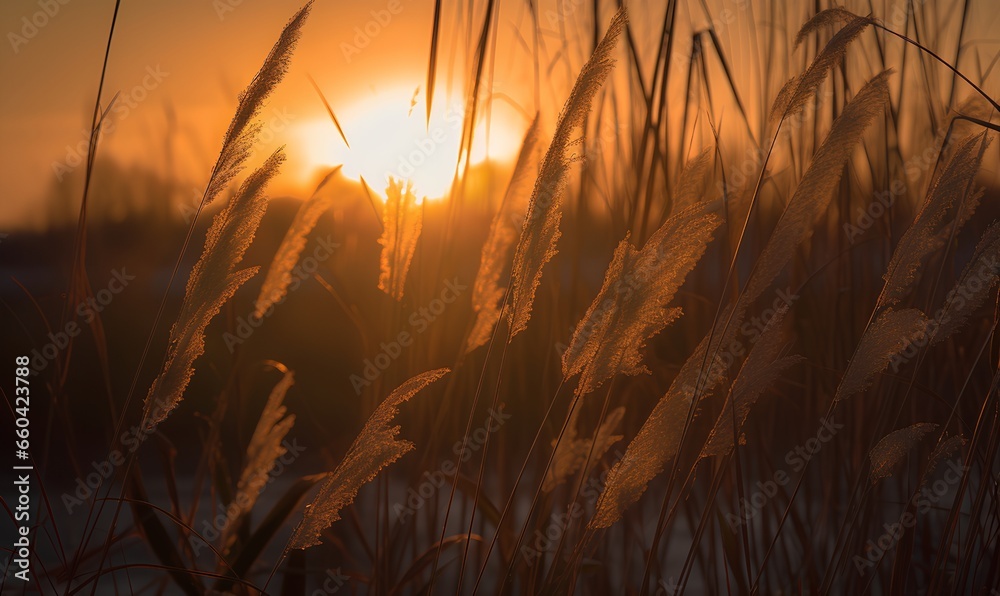 Obraz premium a forest of reeds at sunset _Generative AI