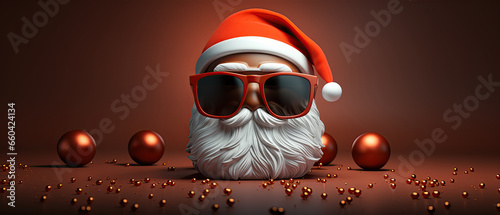3D Santa Claus head with red sunglasses on. Red background with red ornaments on the ground.