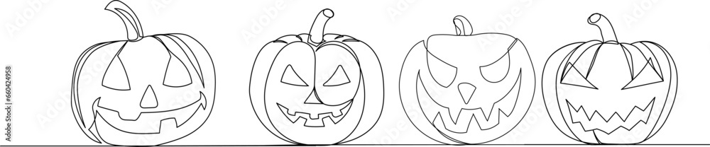 Halloween pumpkins line drawing, sketch, vector