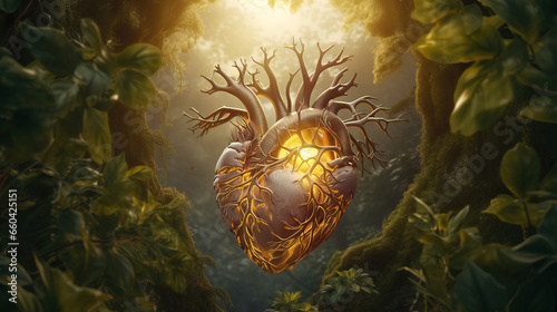 Heart of mother nature with root like vessels amidst woodland, creating surreal sight and invoking sense of enchantment and profound connection to wilderness, interconnectedness of all living things
