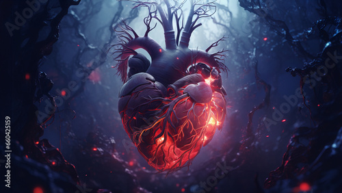 Withering heart of Mother Nature emits muted red glow amidst roots against misty backdrop, evoking poignant sense of nature fragility, symbolizing deteriorating health of natural world