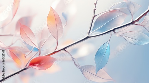 Multicolored translucent ice leaves on tree branch in delicate soft light evoking sense of awe and contemplation about resilience of nature  symbolizes quiet beauty and endurance natural world