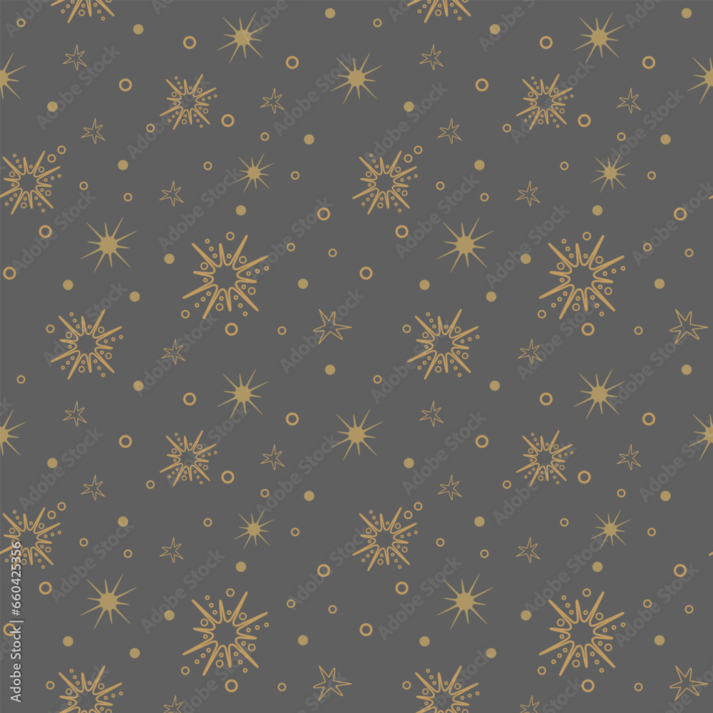 Gold stars seamless pattern, magic celestial night. Golden stars. Bohemian symbols. Vector illustration isolated on gray background. White night. Gold stars seamless pattern, magic celestial night. Golden stars. Bohemian symbols. Vector illustration isolated on gray background. White night.