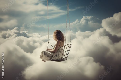  Creative photo capturing the enchanting sight of a woman swinging on clouds, viewed from back. Ai generated