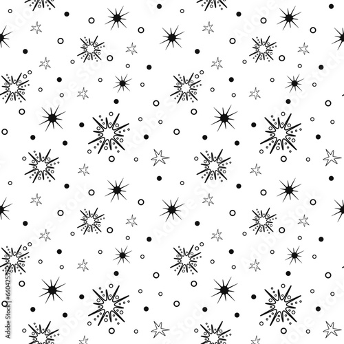 Black stars seamless pattern  magic celestial night. Golden stars. Bohemian symbols. Vector illustration isolated on white background. White night.