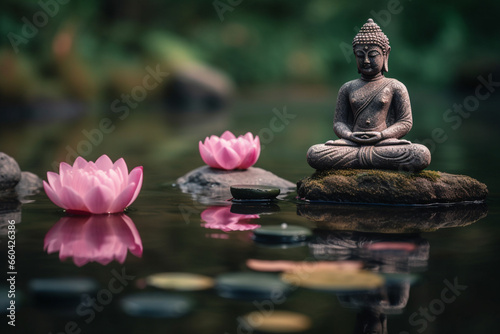 Experience serenity in this creative photo featuring a Buddha statue in a lotus meditation pose by a river adorned with stones and lotus flowers. Ai generated