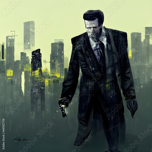 old max payne detective noire clear clean face cyberpunk city suit and tie detective  photo