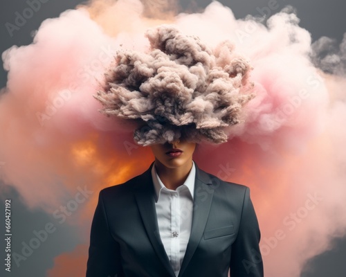 In a world of corporate chaos, a woman's burning mind explodes with the weight of business, smoky thoughts engulfing her in a cloud of burnout as she stands among suited men world, equality concept photo