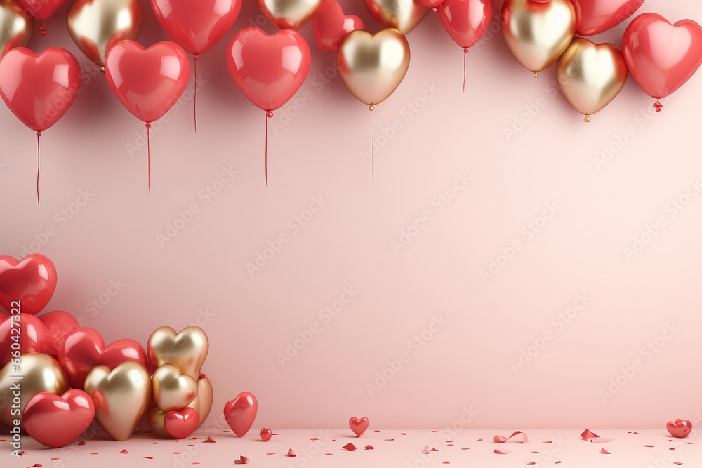 Romantic Valentine's Day background with dazzling red and gold heart balloons, create your own love story, Romantic Valentine's Day background with dazzling red and gold heart balloons, create your own love story,