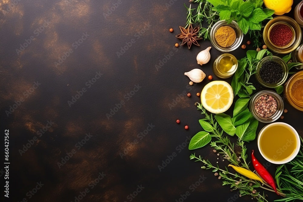 An organized flat lay featuring herbs, oils, and fresh produce, elegantly arranged in preparation for a cooking session, with generous empty space for additional content or design elements. An organized flat lay featuring herbs, oils, and fresh produce, elegantly arranged in preparation for a cooking session, with generous empty space for additional content or design elements.