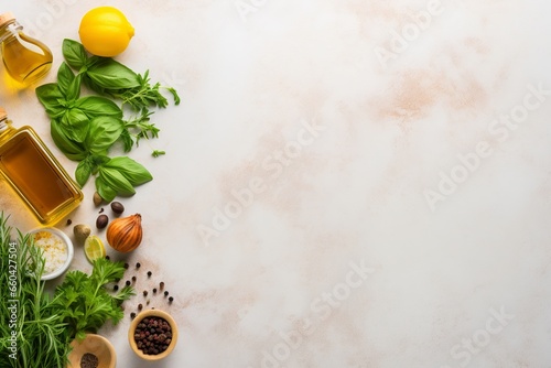 An organized flat lay featuring herbs, oils, and fresh produce, elegantly arranged in preparation for a cooking session, with generous empty space for additional content or design elements.
