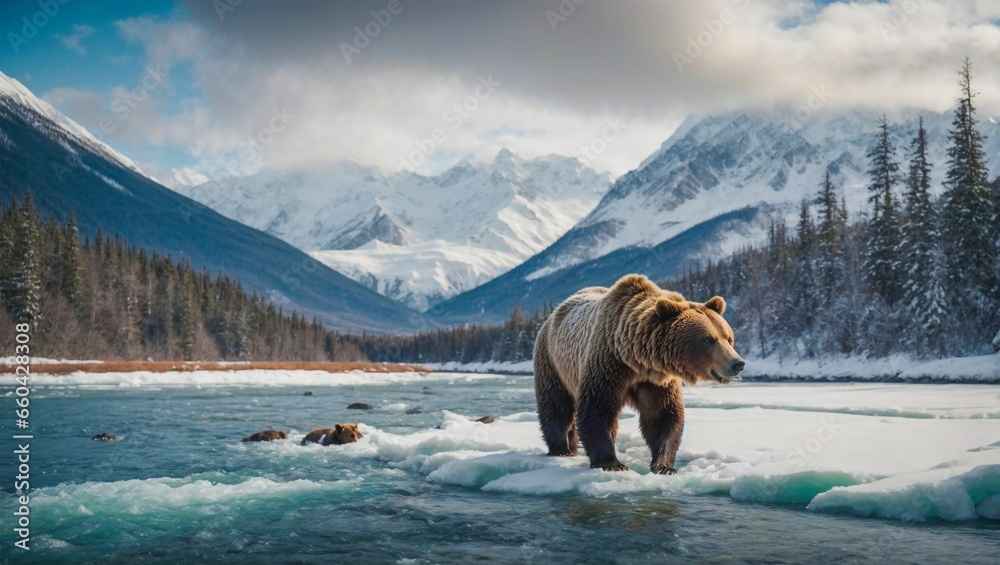 AI generated illustration of a grizzly bear hunting fish in a river - obrazy, fototapety, plakaty 