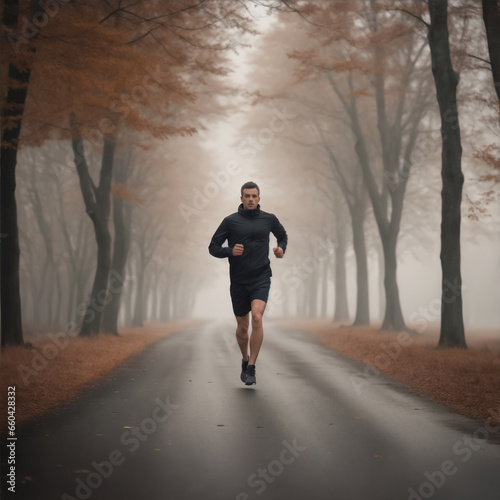 man jogging on the road in fog in the late winter evening, generative ai