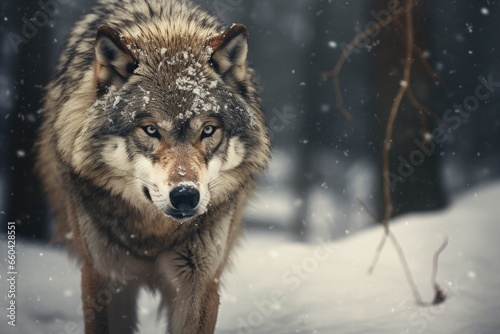 A majestic wolf walking through a snowy forest © pham