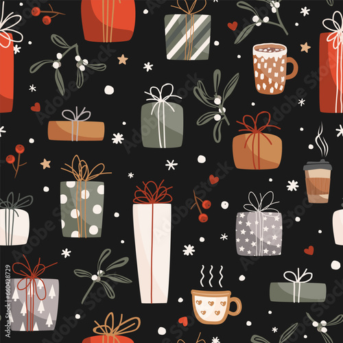 Seamless vector pattern with Christmas gift boxes, mugs, and mistletoe branches. Creative Hand Drawn texture for winter holidays, wrapping paper, wallpaper, cards