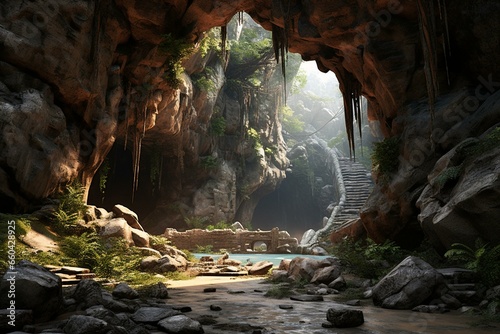 Highly realistic 3D rendering depicting a cave. Generative AI