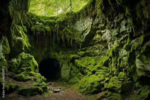 A moss-covered stone cave entrance - mesmerizing nature. Generative AI