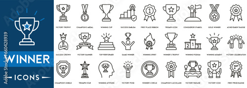 Winner icon set. Containing victory, success, prize, celebration, podium, win money, finish line and trophy icons.