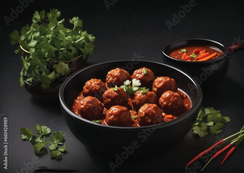 Veg Manchurian Gravy Balls in black bowl isolated on white