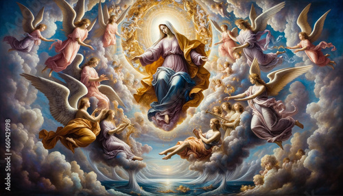The Assumption of the Blessed Virgin Mary into Heaven Accompanied by Angels : A Divine Transition photo