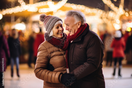 Happy active senior couple skating on a Christmas skating rink. Retired family ice skating on winter holidays, embodying a healthy lifestyle photo