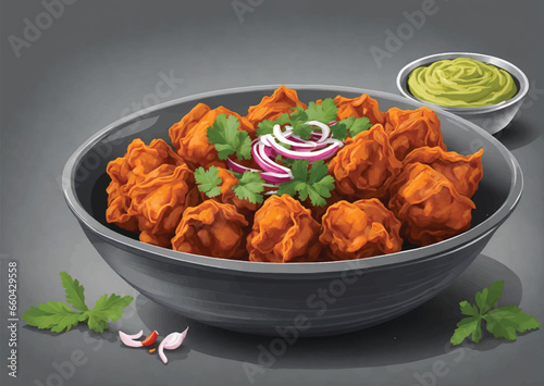 Fulwada Bhajiya. Methi bhajiya. Methi gota, Methi pakoda indian gujarati special snack food with chutney dip. Monsoon special gujarati methi bhajiya. Fulvada serving on white texture background
