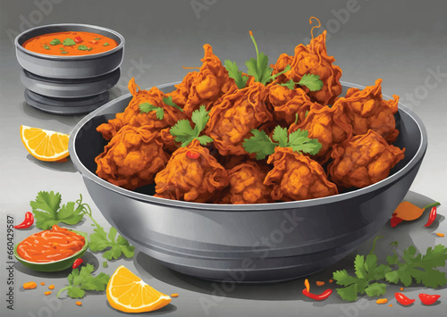 Fulwada Bhajiya. Methi bhajiya. Methi gota, Methi pakoda indian gujarati special snack food with chutney dip. Monsoon special gujarati methi bhajiya. Fulvada serving on white texture background
