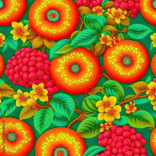 Engraving pattern with oranges and raspberries, beautiful juicy background with fruits and berries, packaging