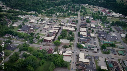 Aerial footage of the historic downtown Corydon on a cloudy day in Indiana, USA photo