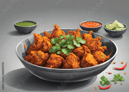 Fulwada Bhajiya. Methi bhajiya. Methi gota, Methi pakoda indian gujarati special snack food with chutney dip. Monsoon special gujarati methi bhajiya. Fulvada serving on white texture background
