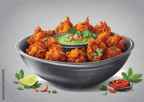 Fulwada Bhajiya. Methi bhajiya. Methi gota, Methi pakoda indian gujarati special snack food with chutney dip. Monsoon special gujarati methi bhajiya. Fulvada serving on white texture background
