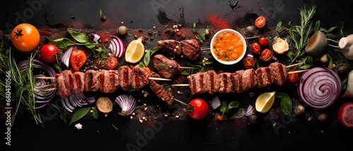 An enticing flat lay of a grilling concept, featuring an array of meats, marinades, and skewers, expertly arranged around an empty space, all captured from a top view.   © Kristian