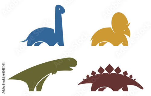 Set dinosaur vector logo design element. Jurassic park world. Collection dinosaurs silhouette isolated on white background. Dino icons website template.